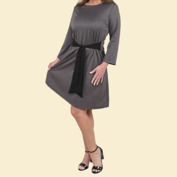 Tamsy Solid Grey Midi Drop Waist Long Sleeve Dress M - Picture 4 of 14